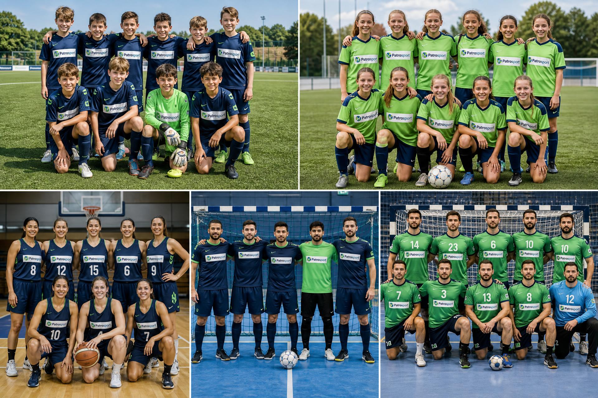 Collage de equipos de fútbol infantil masculino y femenino, baloncesto, fútbol sala y balonmano con camisetas patrocinadas por Patrosport